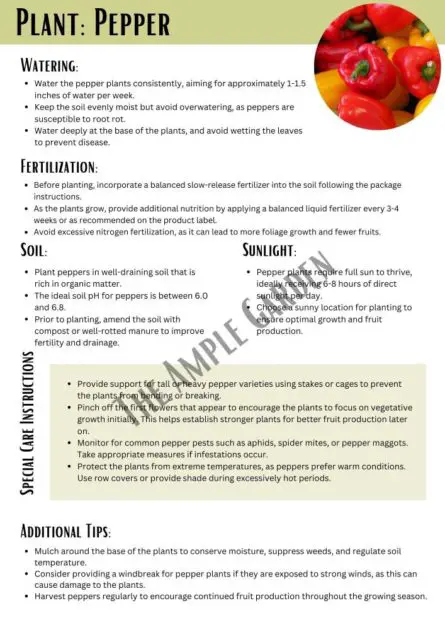 A picture of a pepper care sheet from our Ultimate Guide to Vegetable Gardening.