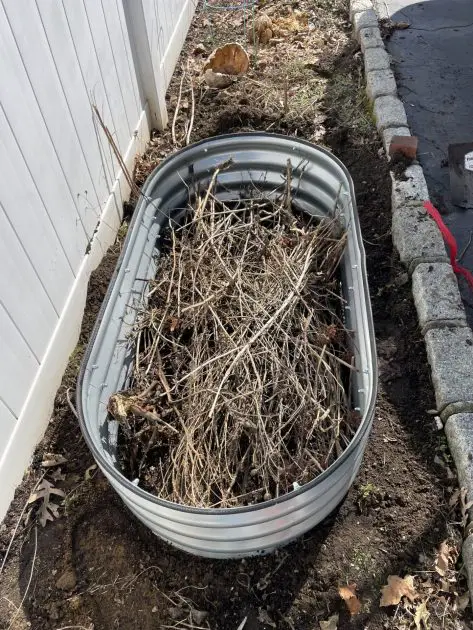 Filling a layer of the raised bed with sticks first.